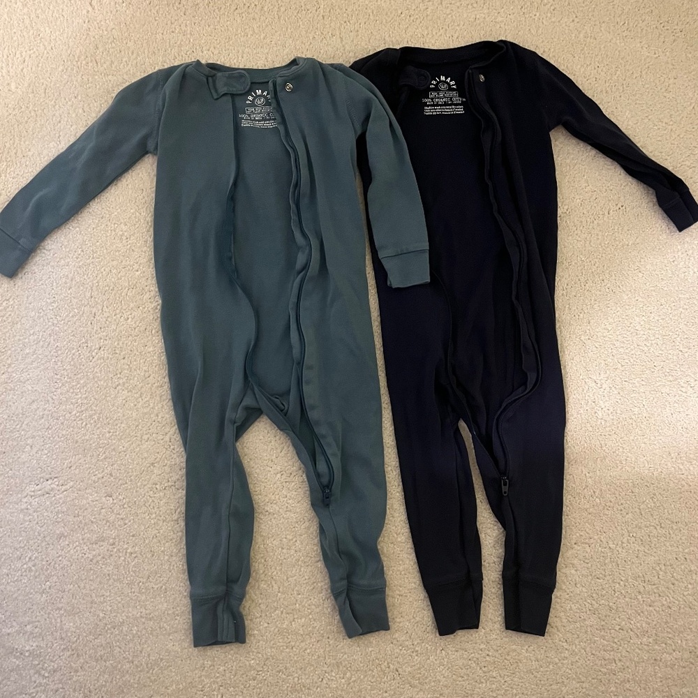 Two 12-18 Month Primary Zip Rompers- Navy and Slate Blue